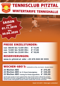 Tennishalle Wenns - Tarife 2019/2020